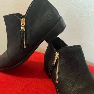 UGG Black Leather Ankle Booties with Gold Zipper